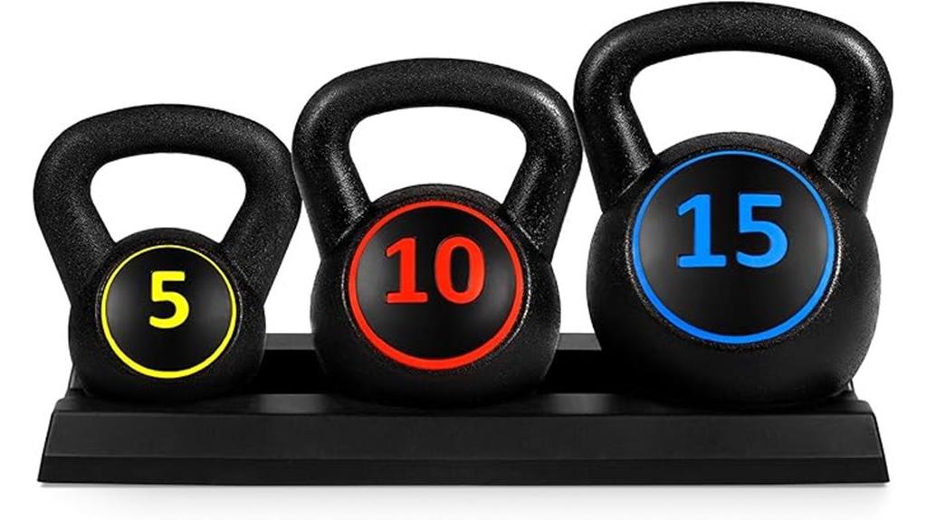 three kettlebells with rack